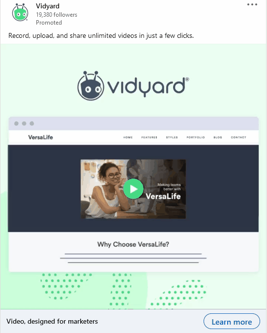 LinkedIn ad example from Vidyard