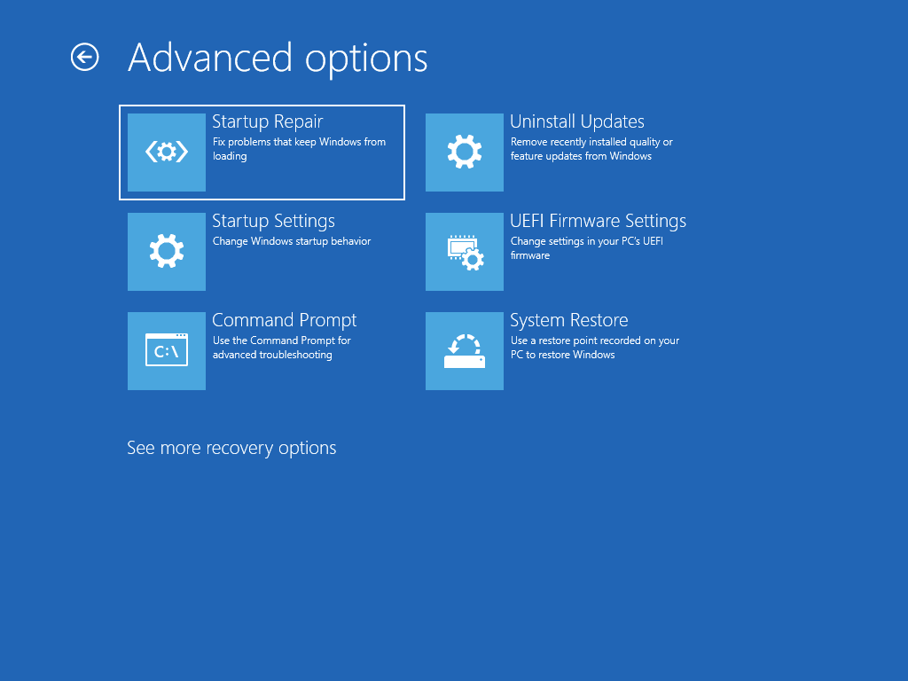 Shows the "Advanced options" screen with "Startup repair" selected.