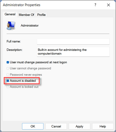 The Administrator Properties screen in Windows 11, with Account is Disabled highlighted.