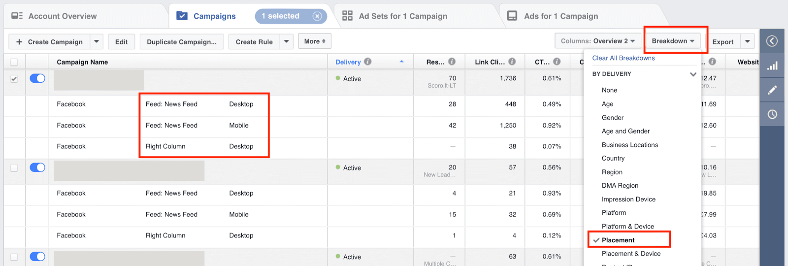 Campaign overview in Facebook Ads Manager featuring breakdowns by action