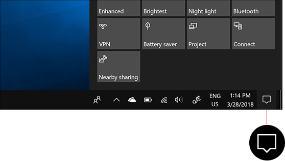 Get to action center by clicking the action center icon on the taskbar