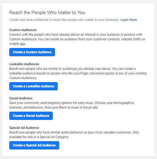 Selecting an audience type in Facebook Ads Manager: custom audience, lookalike audience, saved audience, special ad audience