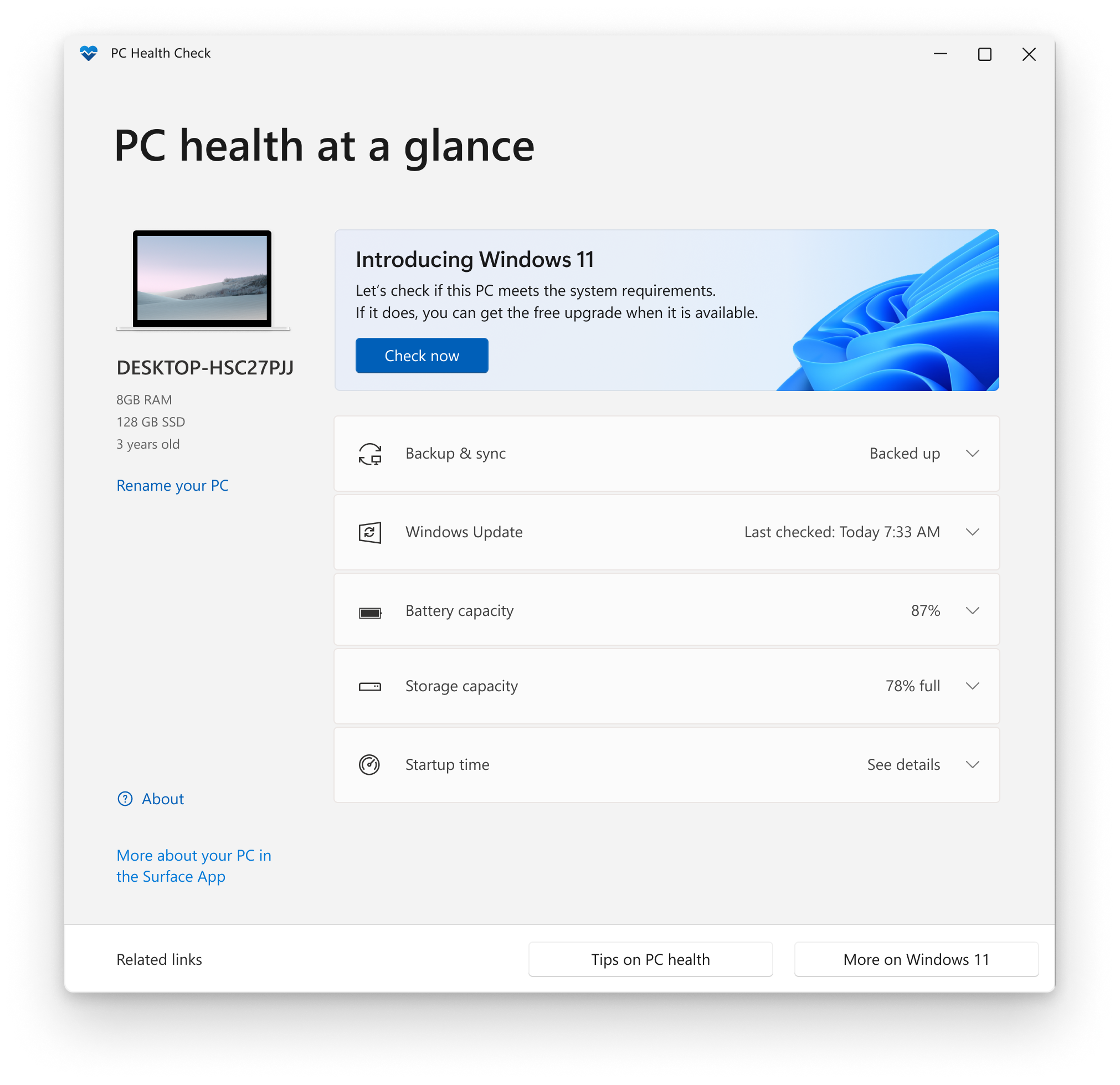 The PC Health Check app home screen