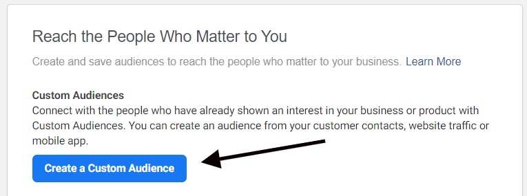 Navigating to the Custom Audience creator in Facebook Ads Manager