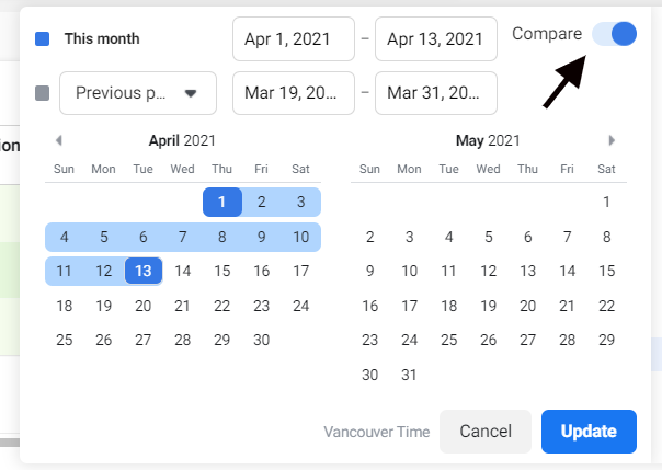 Selecting a time frame for displaying ad performance results