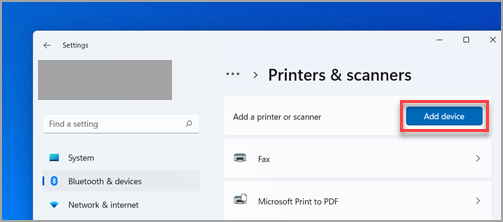 Where to find Add Device when setting up a printer in Windows 11 Settings.