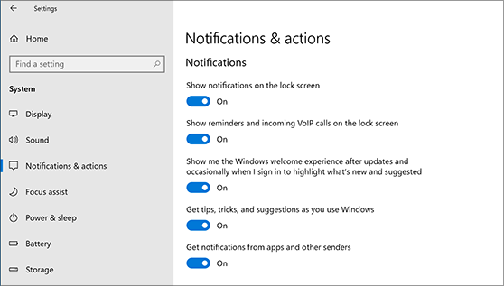 Notification settings that can be turned on or off