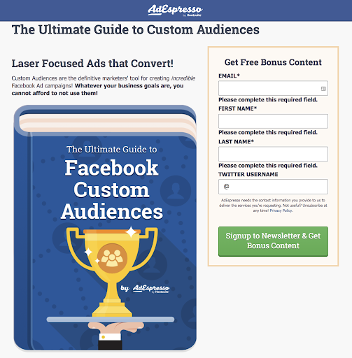 Best CTA for Facebook Ads AdEspresso experiment landing page