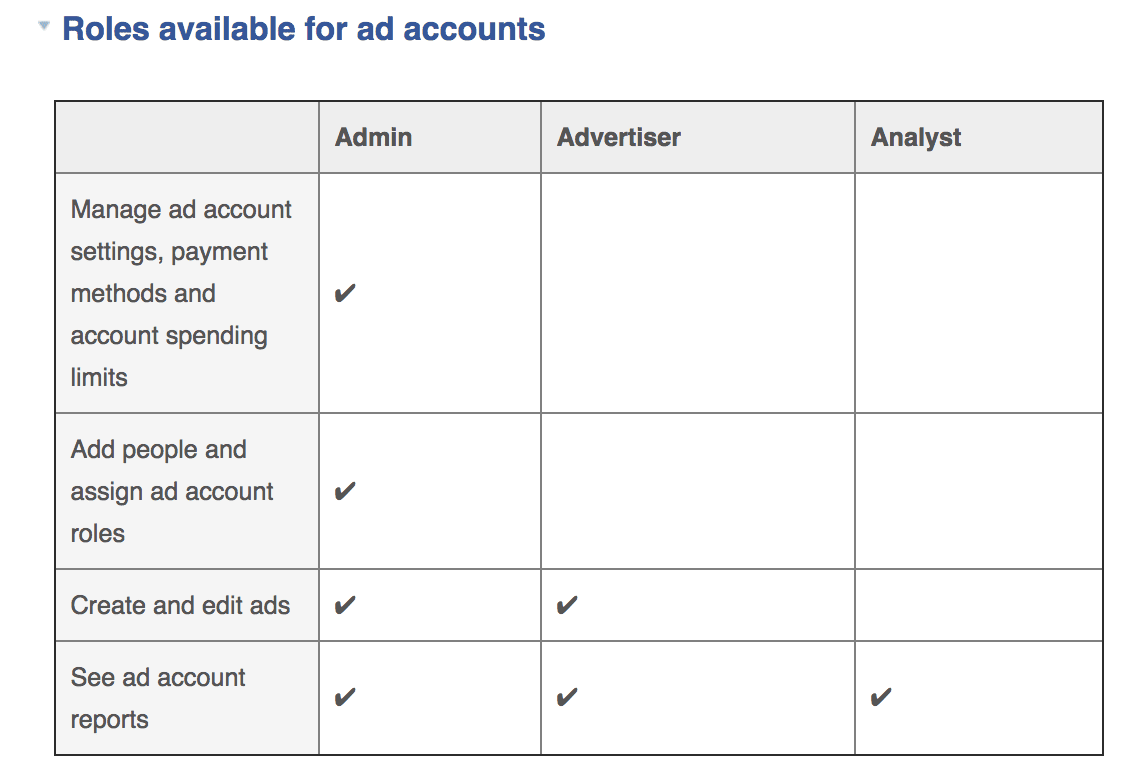 Roles available for ad accounts: Admin vs. Advertiser vs. Analyst