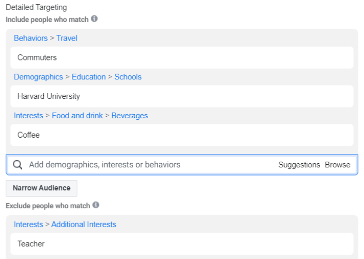 Setting up detailed targeting in Facebook Ads Manager