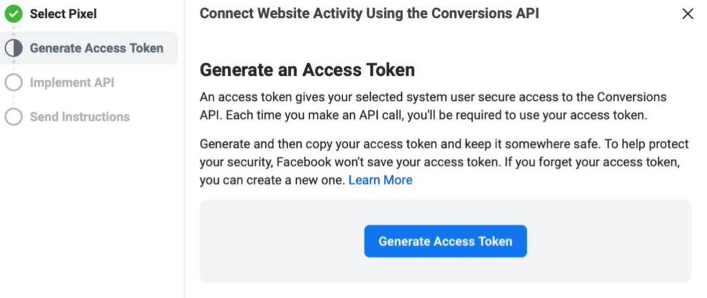 Facebook Conversions API set up with a prompt to generate an access token