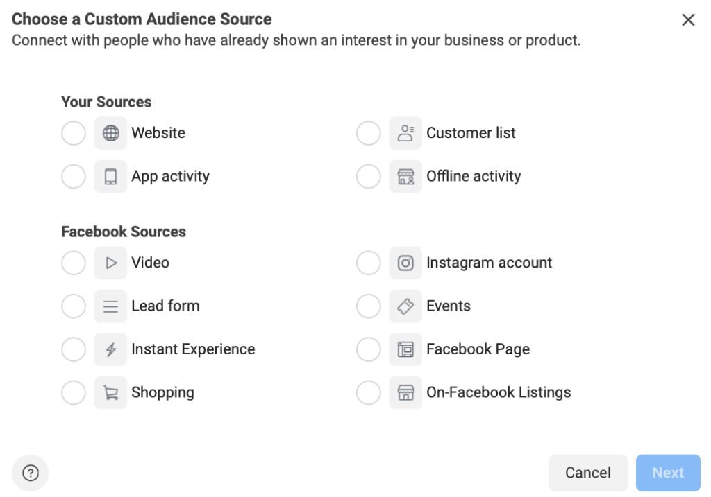 custom audiences available through Facebook 