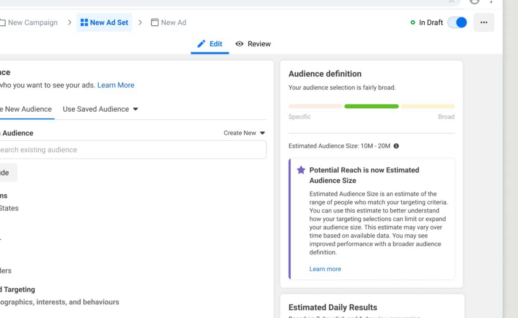 Facebook October update to campaign estimates - potential reach in Audience Definition section